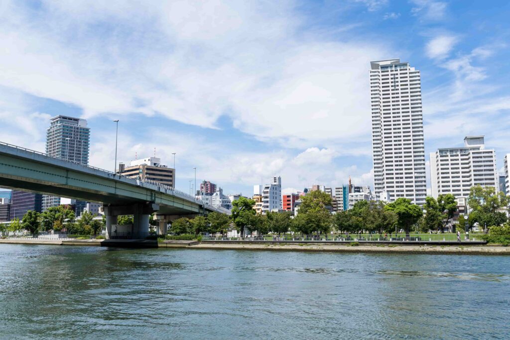 Japan river and city view